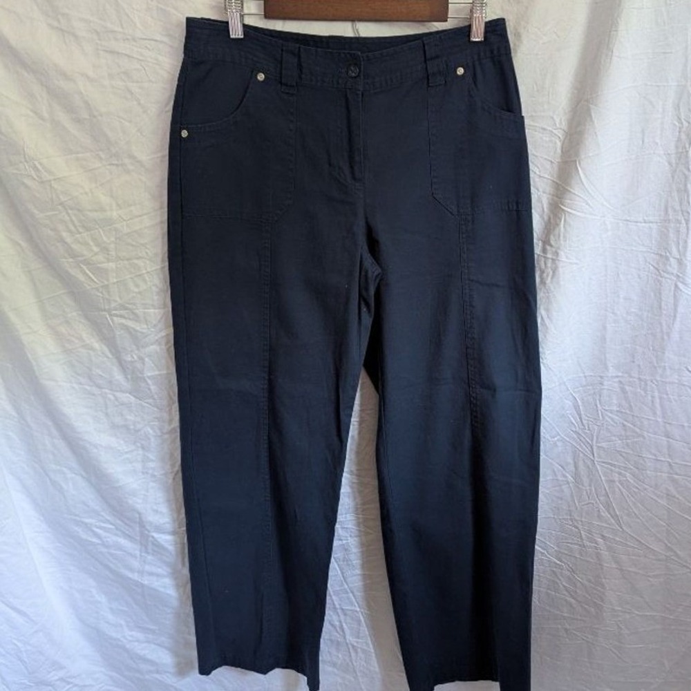 Navy Blue Straight Leg Stretch Cotton Pants Womens Sz 8P Preppy Nautical Office